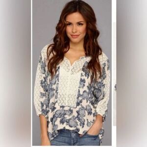 Free People Moon River Floral Peasant Top Blue Ivory Lace Oversized